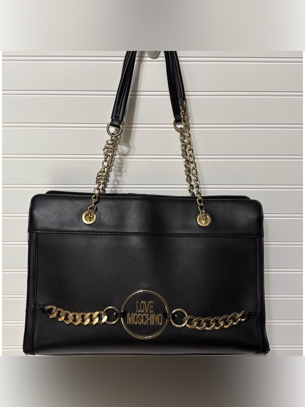 LOVE MOSCHINO Black Leather Chain Strap Satchel Handbag Shoulder Bag Purse
